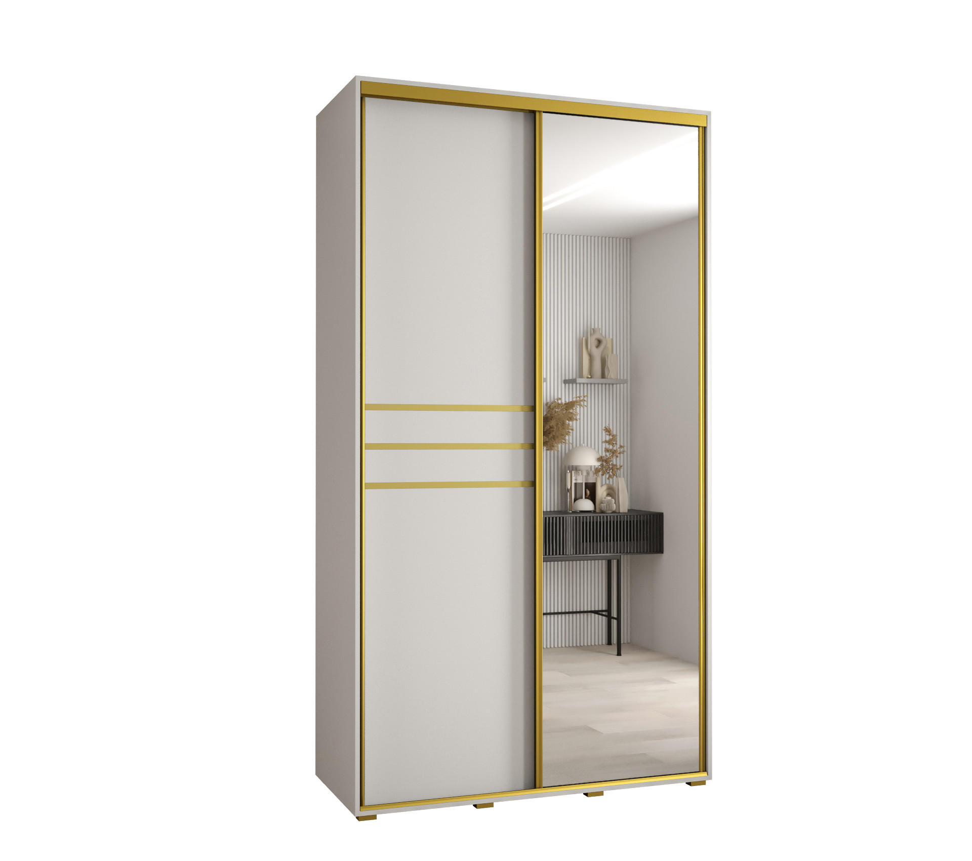 Abiks Möbel Schwebetürenschrank Weiß, Weiß, Gold 130x235x60 cm