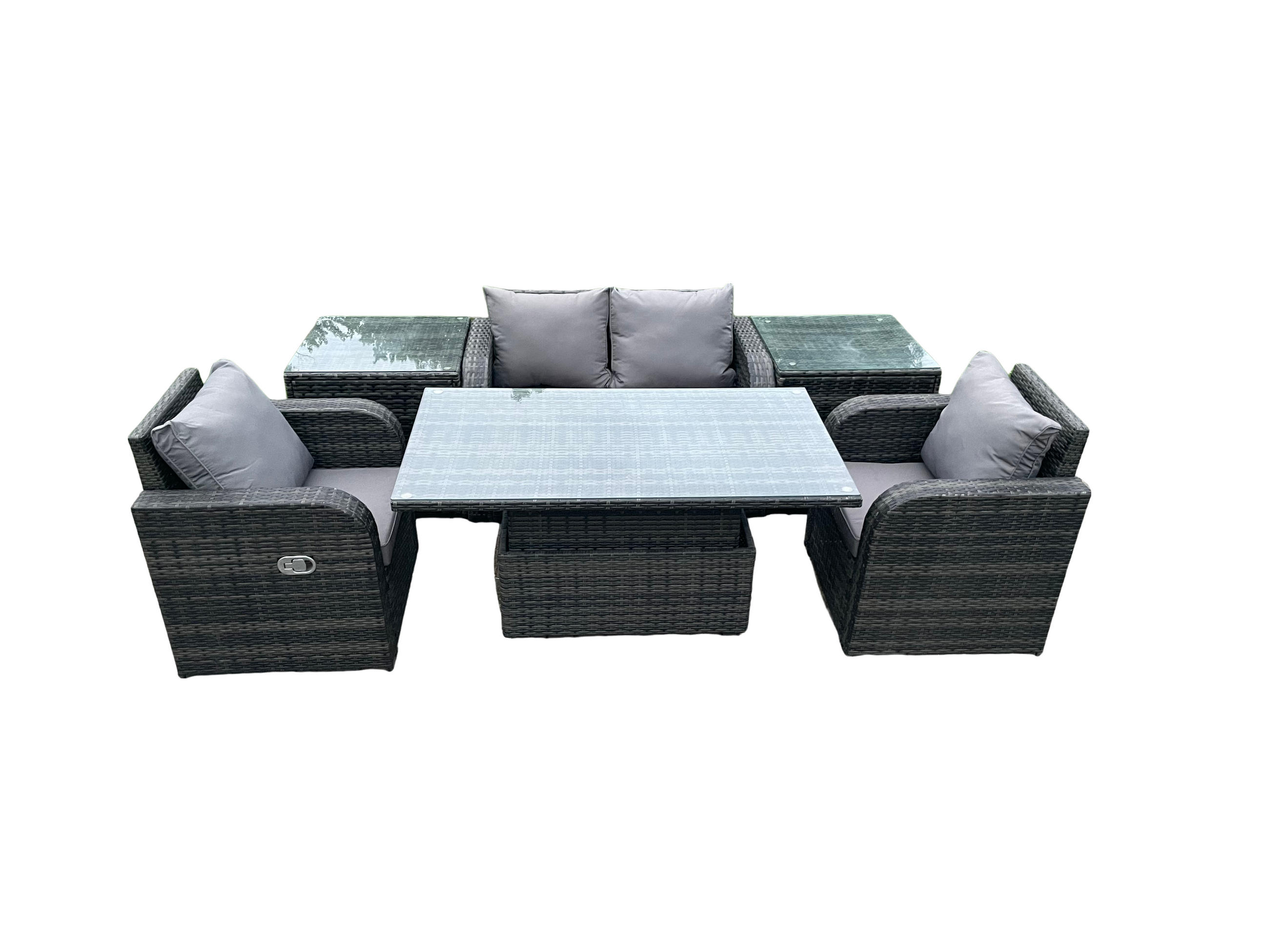 GARTENSET Polyrattan 4-Sitzer - Dunkelgrau/Grau, Glas/Kunststoff - Fimous