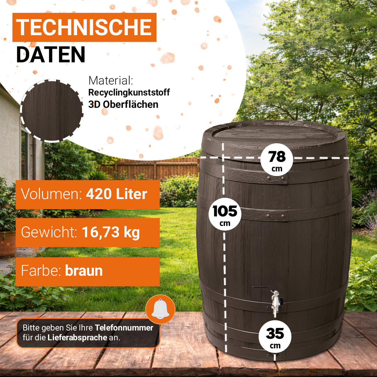 REGENTONNE Komplett-Set 420 L, braun inkl. Chrom-Doppelauslaufhahn und Fallrohranschluss - Braun, Kunststoff (78/105/80cm) - GARANTIA