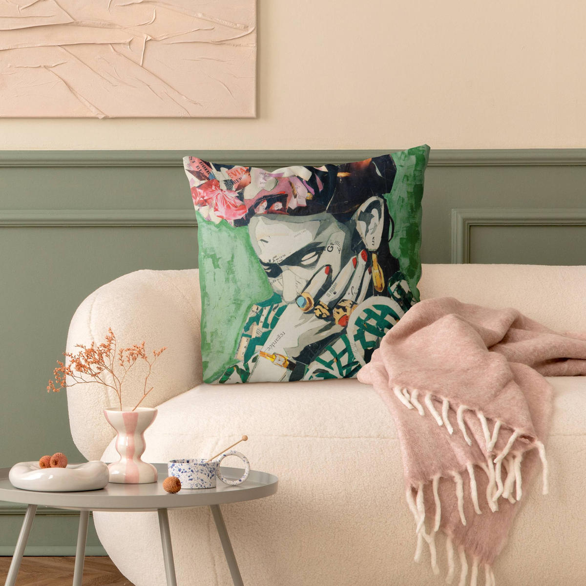 DEKOKISSEN Frida Kahlo - Collage No.3 50/50 cm - Grün, Textil (50/50/10cm) - Bilderwelten