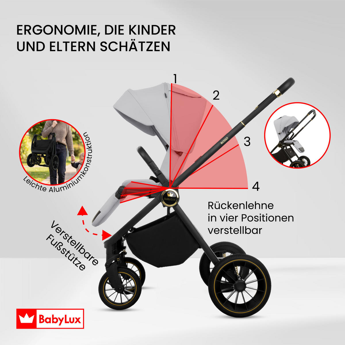 KINDERWAGEN Rosso 4in1 Silber Babywanne, Reisebuggy, Autositz, Isofix Basis - Silberfarben/Schwarz, Textil/Metall (58/98cm) - BabyLux