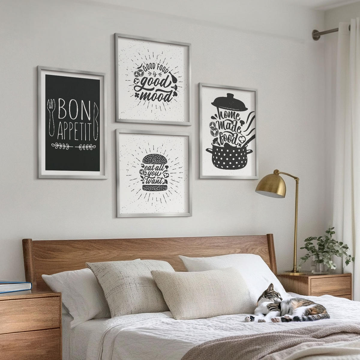 BILDER SET 4er Set - 50x50 cm & 40x60 cm Silberner Rahmen - Grafiken, Lebensmittel, kulinarische Slogans - Silberfarben, Kunststoff (50/50cm) - TULUP