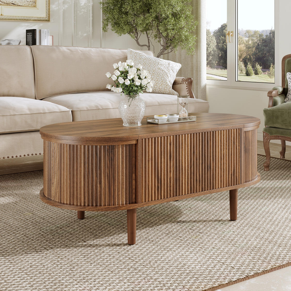 COUCHTISCH oval höhenverstellbar Stauraum Holz - Nussbaumfarben, Holz (48/100/53.5cm) - LEBENLANG