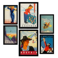 POSTER Set Mit 6 Österreich 2 Vollfarbige Illustrationen Von Vintage Tourismus Werbetafeln Aus Der Ganzen Welt A3 & A4 Schwarzer Rahmen - Schwarz, Papier (29/3cm) - Nacnic