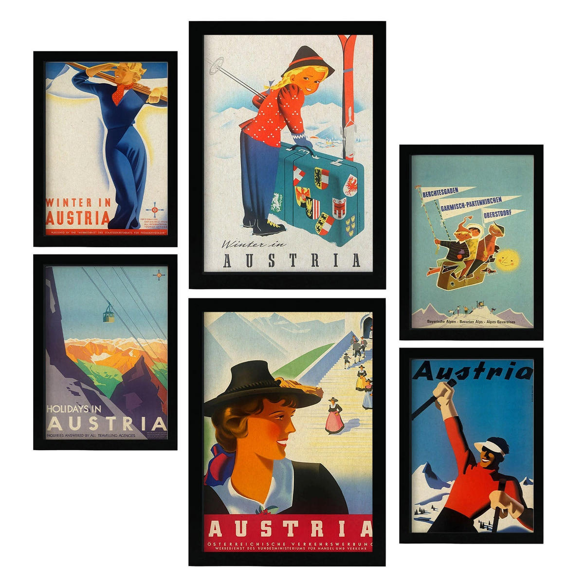 POSTER Set Mit 6 Österreich 2 Vollfarbige Illustrationen Von Vintage Tourismus Werbetafeln Aus Der Ganzen Welt A3 & A4 Schwarzer Rahmen - Schwarz, Papier (29/3cm) - Nacnic