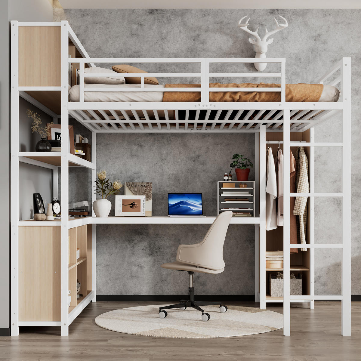 HOCHBETT 140/200 cm in Weiß & Natur mit Kleiderschrank, Stauraum und Schreibtisch - Weiß, Holzwerkstoff/Metall (140/200cm) - CHICFURN