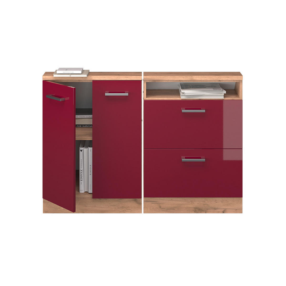 DACHSCHRÄGENSCHRANK-SET Rion Rot Hochglanz/Goldkraft Eiche 2er Set - Honigeiche/Rot, Holzwerkstoff (120/81.6/46cm) - Vicco