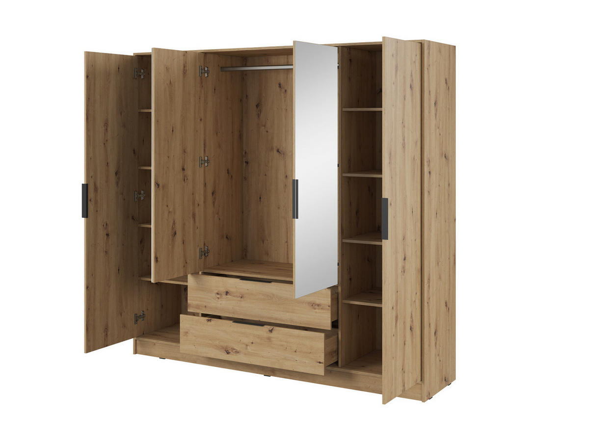 GROSSER Kleiderschrank RICADI 4DL (Artisan Eiche, Spiegel, 4 Türen, 2 Schubladen, Kleiderstange, Kunststoffgriffe) - Schwarz/Eiche Artisan, Holz/Holzwerkstoff (206/200/51cm) - Ravio