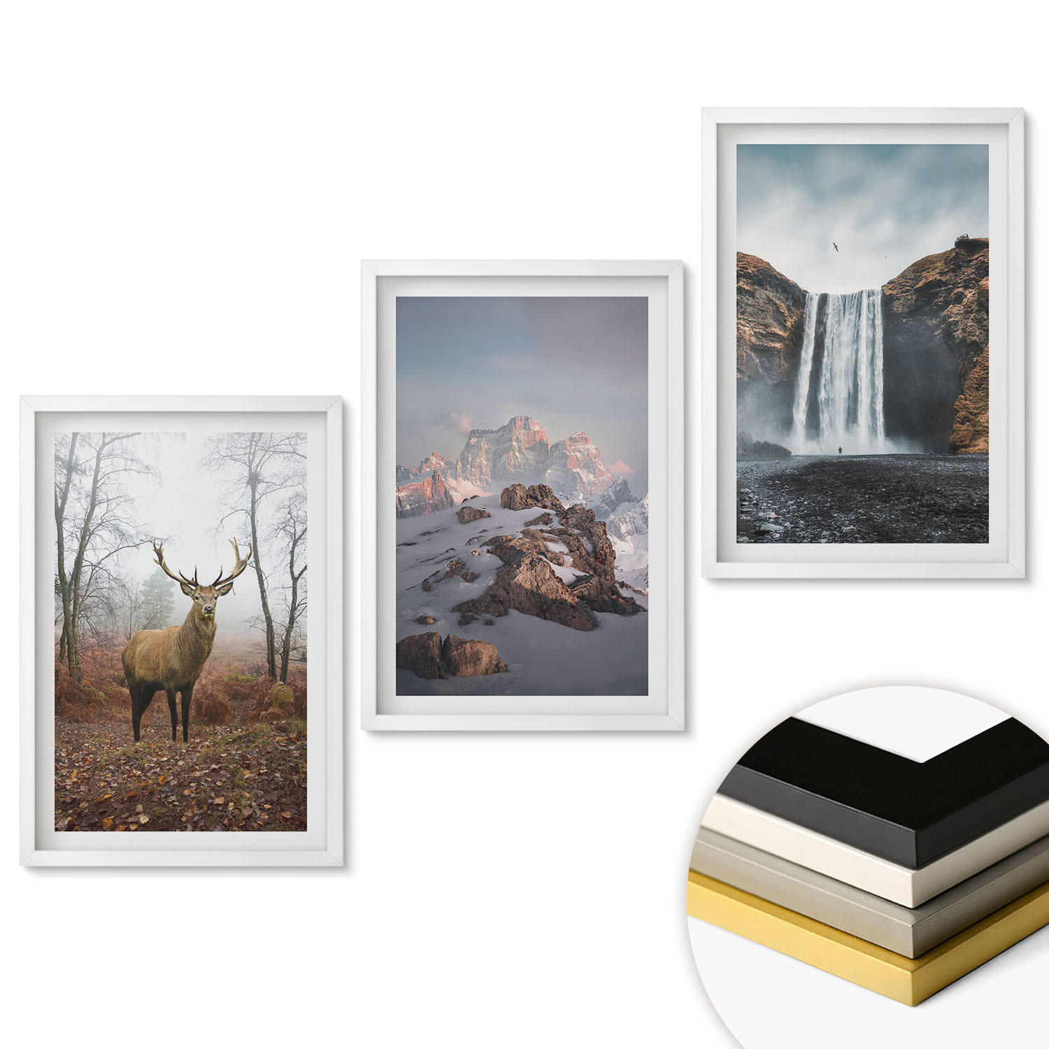 WANDBILDER 3er-Set - 40x60 cm Weißer Rahmen - Wilde Berglandschaften - Weiß, Kunststoff (40/60cm) - ArtPrintCave