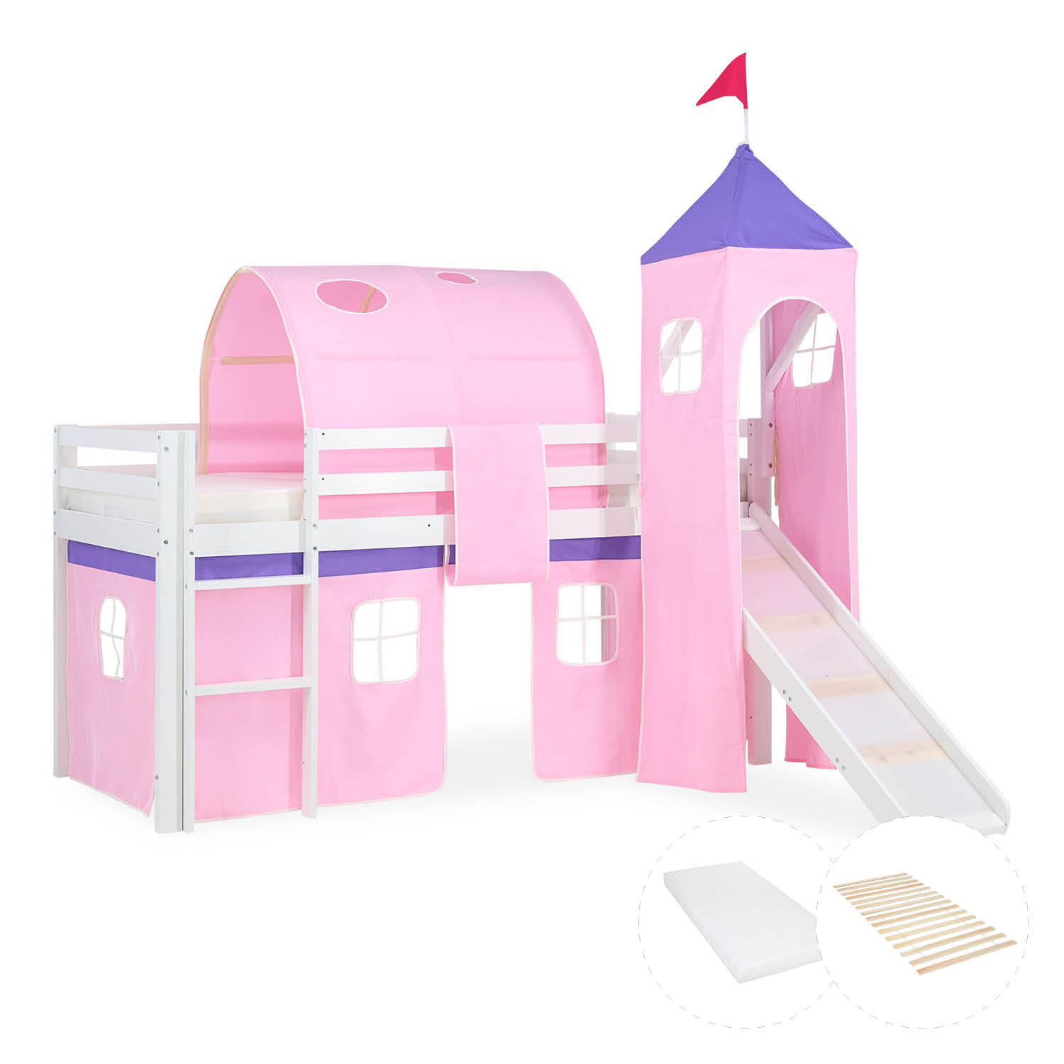 HOCHBETT 90/200 cm in Rosa mit Lattenrost + Matratze - Weiß/Rosa, Holz - Homestyle4u