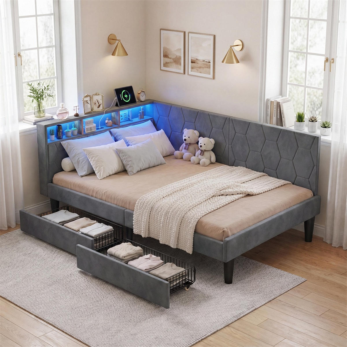 POLSTERBETT 140x200 cm mit Kopfteil-Stauraum - 2 Schubladen - USB Type-C & LED - ohne Matratze - Grau - Grau, Textil (140/200cm) - DELFA