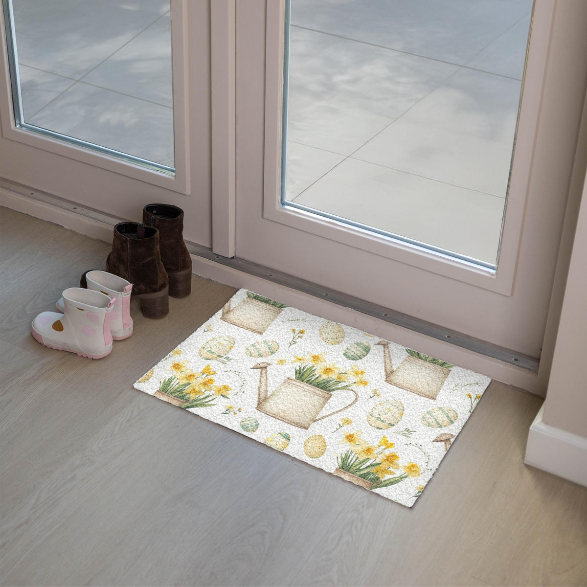 FUSSMATTE Gießkanne - Blumen - Eier 60x40 cm - Gelb/Weiß, Kunststoff (40/60cm) - MuchoWow