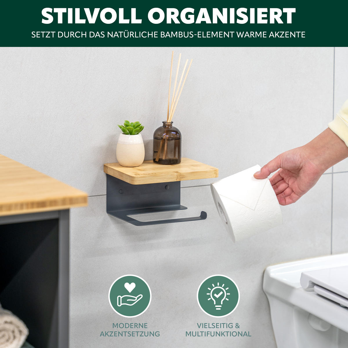 TOILETTENPAPIERHALTER VARAZ mit Ablage, Metall und Bambus - Grau, Metall (18/9.5/13cm) - eluno