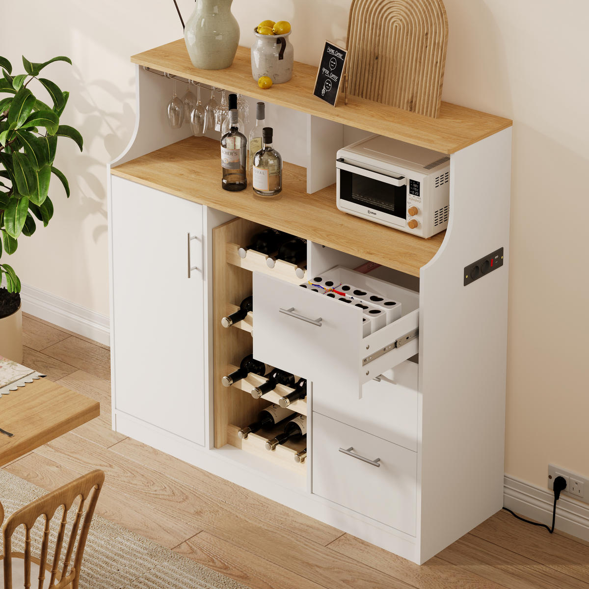 SIDEBOARD aus MDF 120x40x121 cm Weiß/Natur mit LED-Beleuchtung, Steckdose, Weinregal und Gläserhalter - Weiß, Holzwerkstoff (120/121/40cm) - Modfu