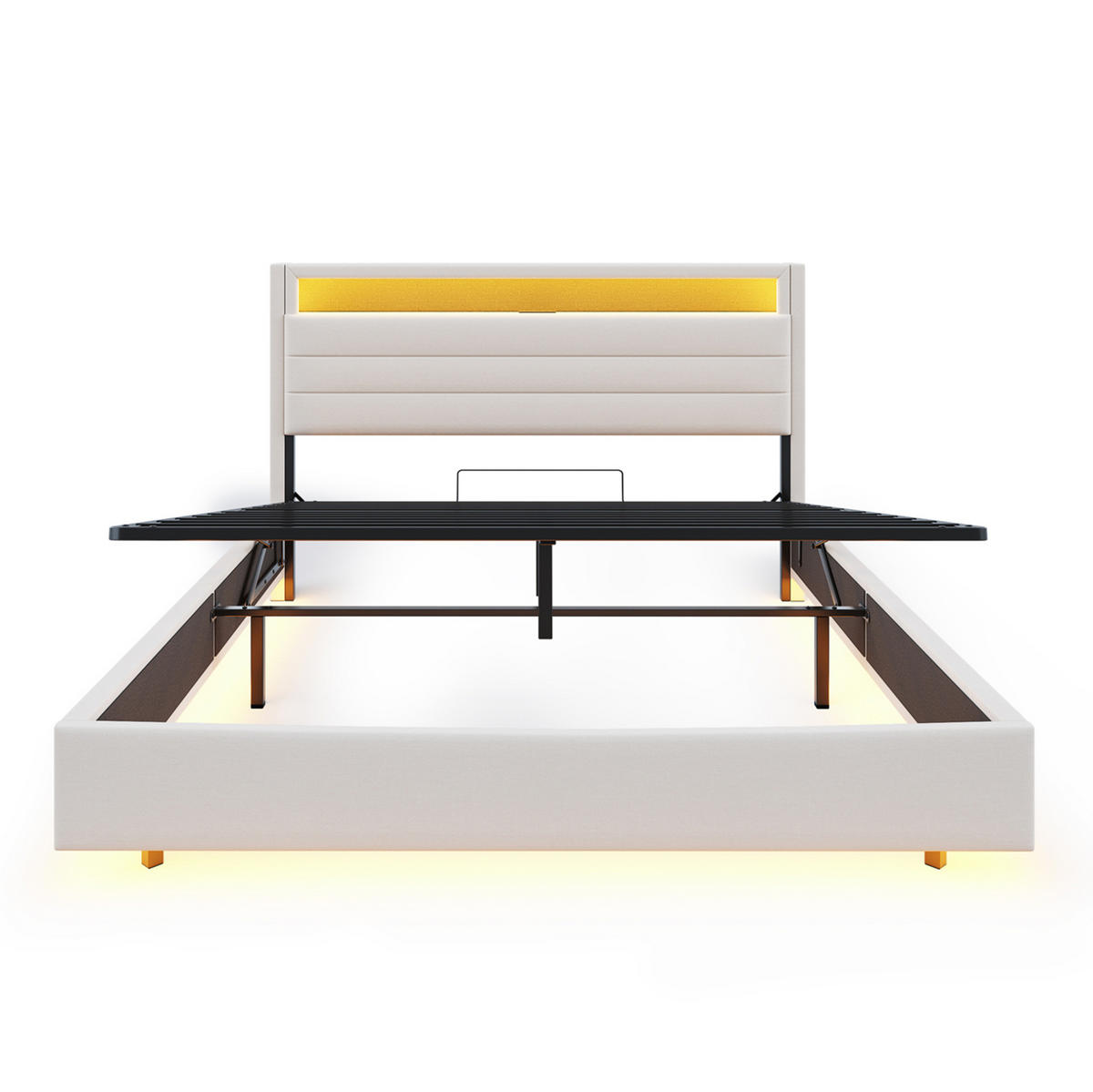 ČALOUNĚNÁ postel 140/200 cm z látky a kovu, béžová, s USB, LED a úložným prostorem - béžová, textil (140/200cm) - BEAOK