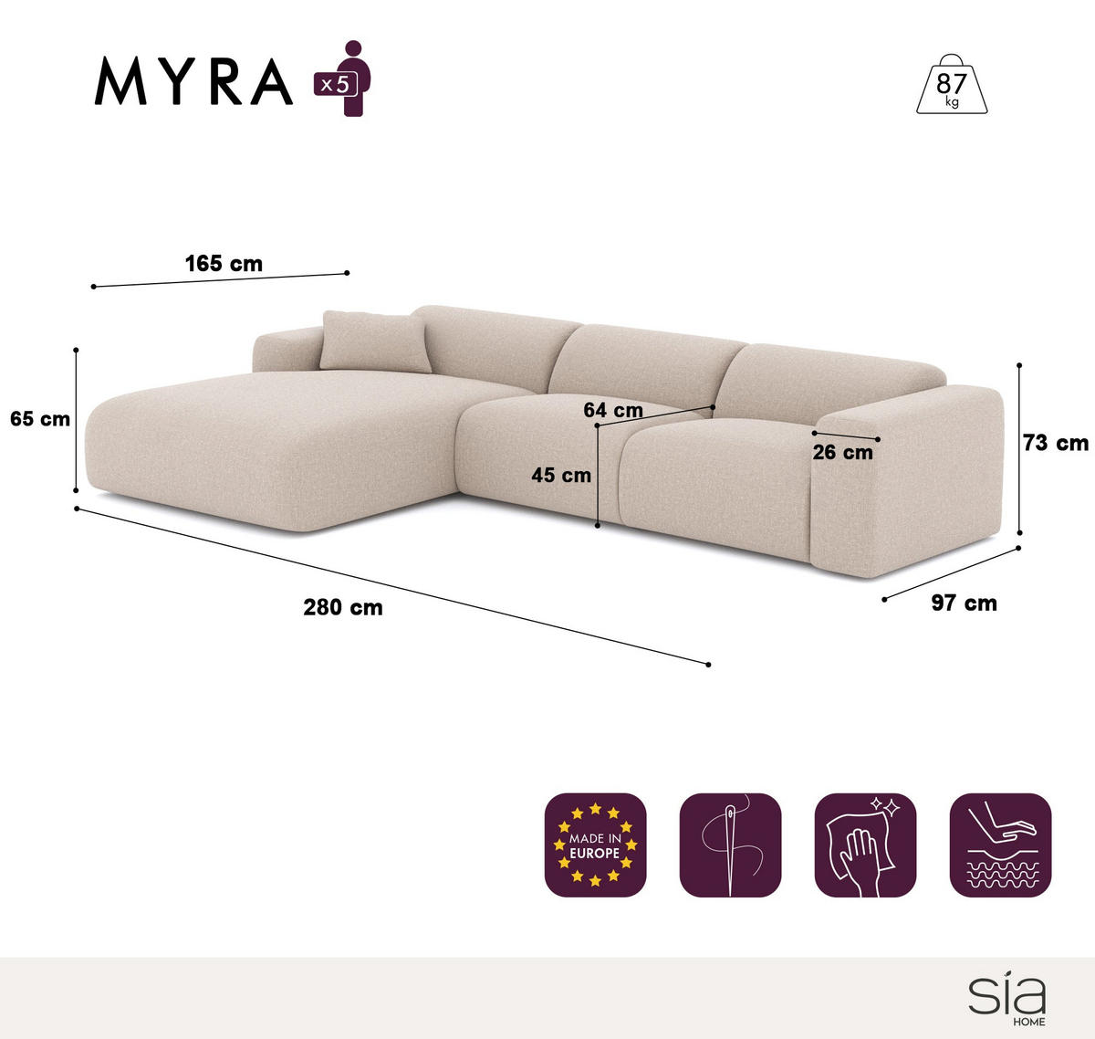 ECKSOFA LINKS Texturierter Samt Creme 280cm - Creme, Textil (95/280cm) - Sia Home