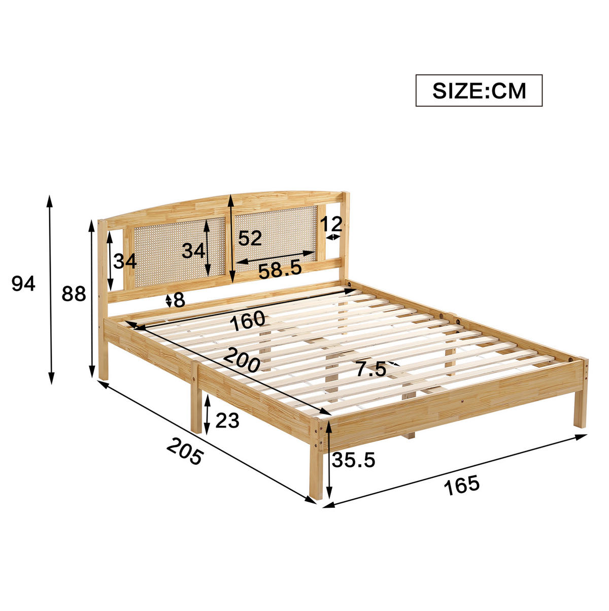POLSTERBETT aus Kiefer und PE-Rattan 160x200 cm Natur mit 15 Latten, Mittelfüßen und Rattandetails - Naturfarben, Holzwerkstoff (160/200cm) - Modfu