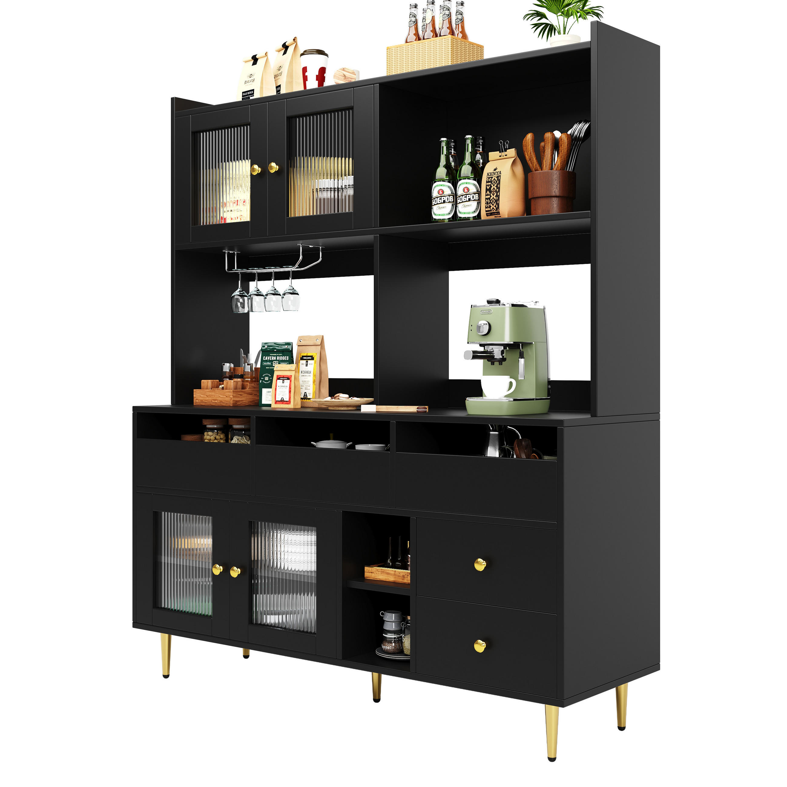 GESCHIRRSCHRANK aus MDF 145x39x171cm in Schwarz mit Weinregal - Schwarz, Holzwerkstoff (145/171/39cm) - Modfu