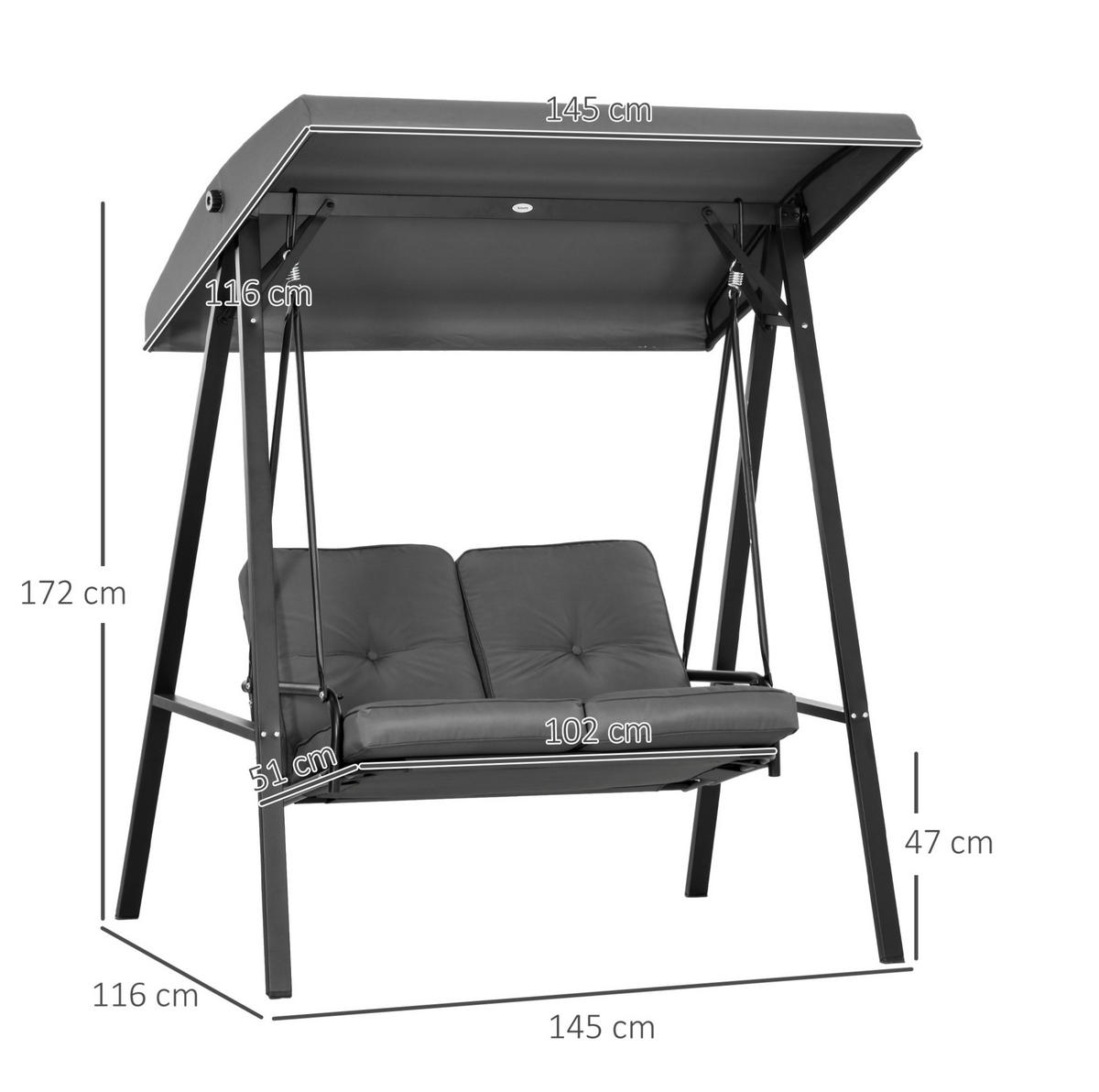 HOLLYWOODSCHAUKEL aus Stahl 145x116x172 cm in Dunkelgrau mit verstellbarem Sonnendach - Dunkelgrau, Metall (145/172/116cm) - Modfu