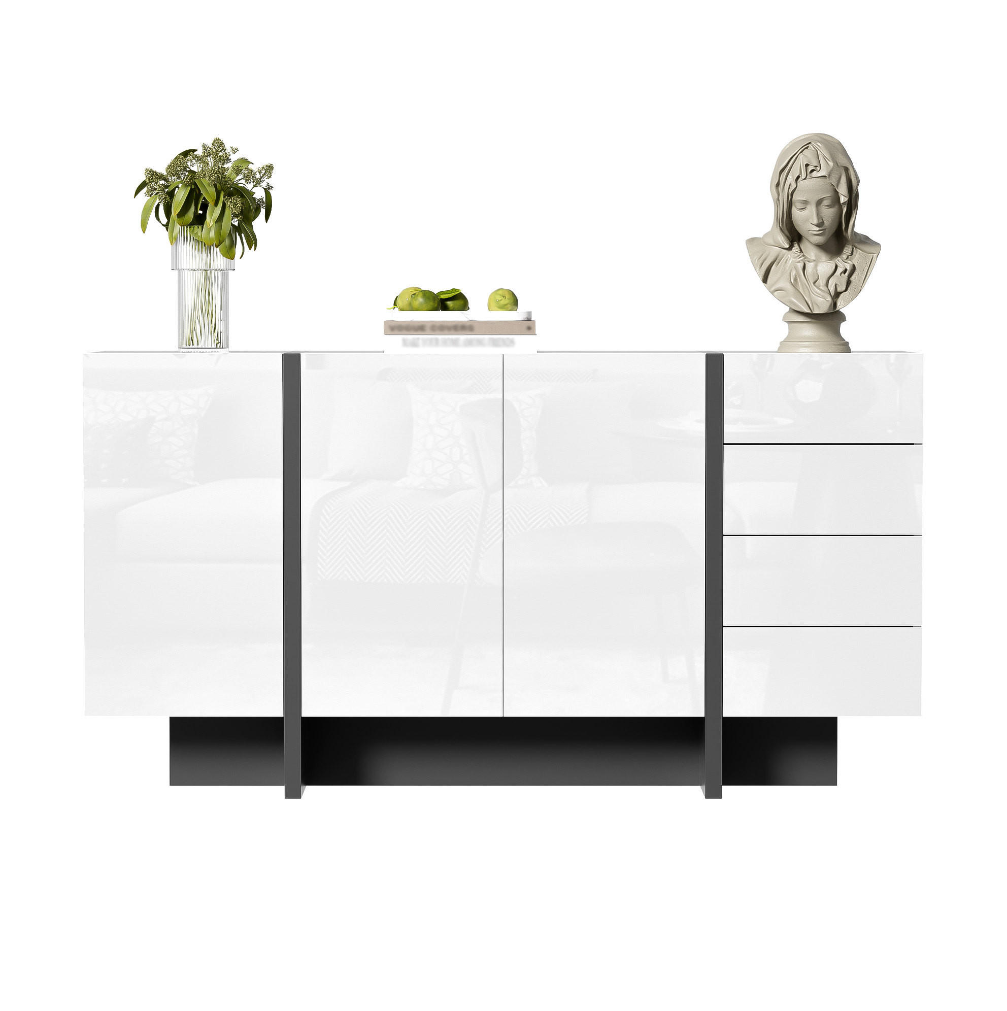 OKWISH BOČNÍ skříň 150/40/80,5 cm bílá a černá z MDF a dřevotřísky s úložným prostorem