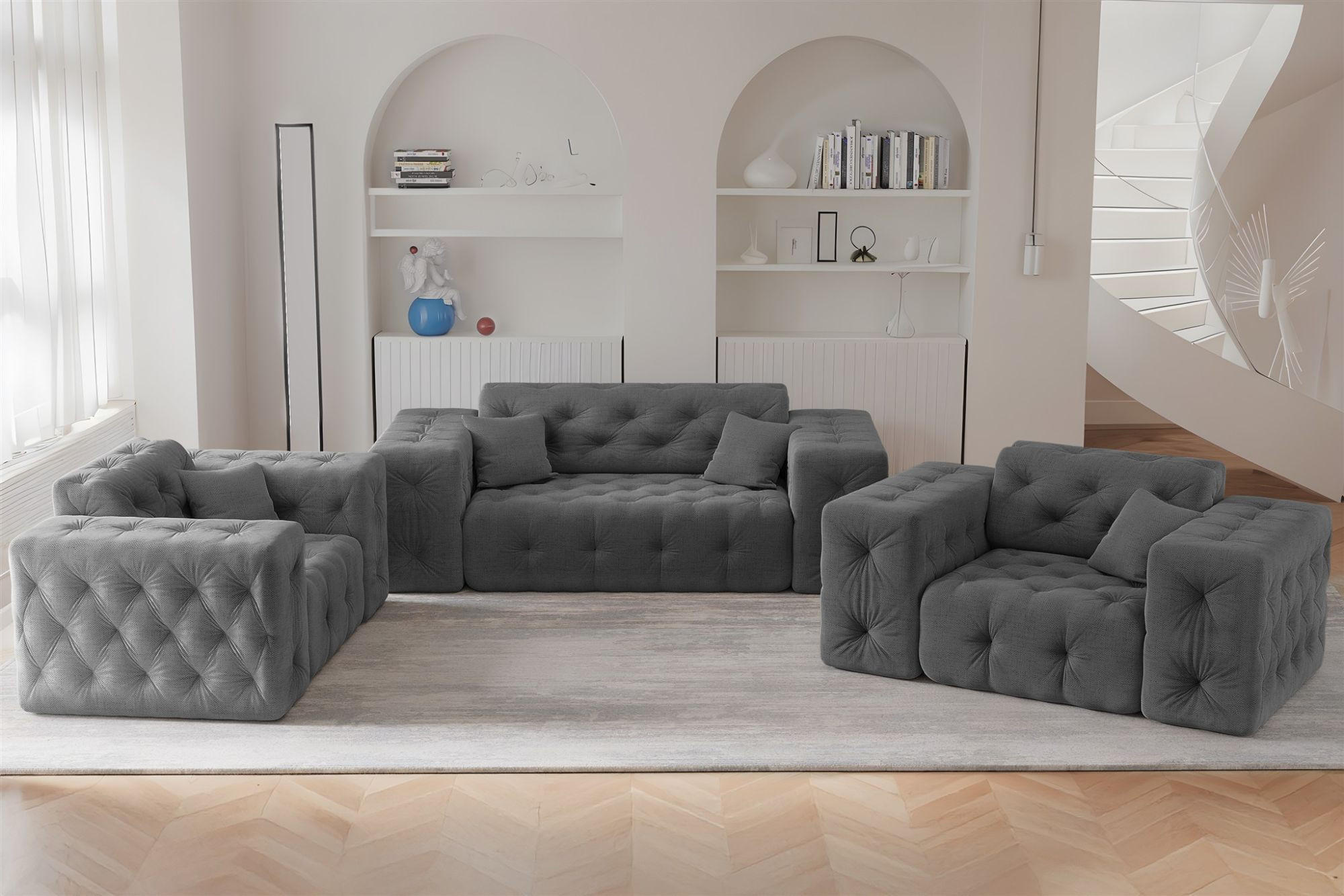 SOFASET Chantal In Moly - Anthrazit, Holzwerkstoff/Textil (186/78/96cm) - Fun Möbel