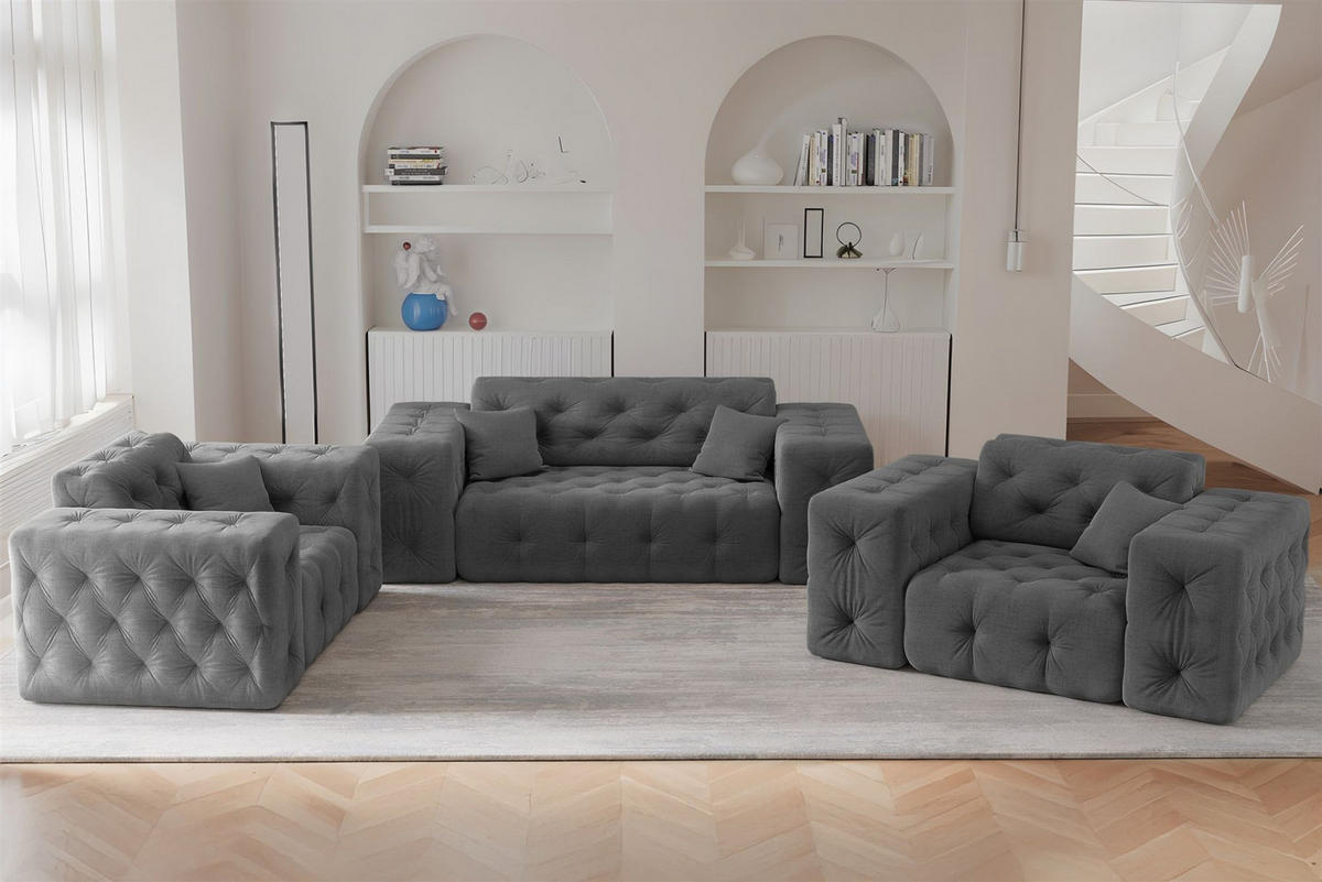 SOFASET Chantal In Moly - Anthrazit, Holzwerkstoff/Textil (186/78/96cm) - Fun Möbel
