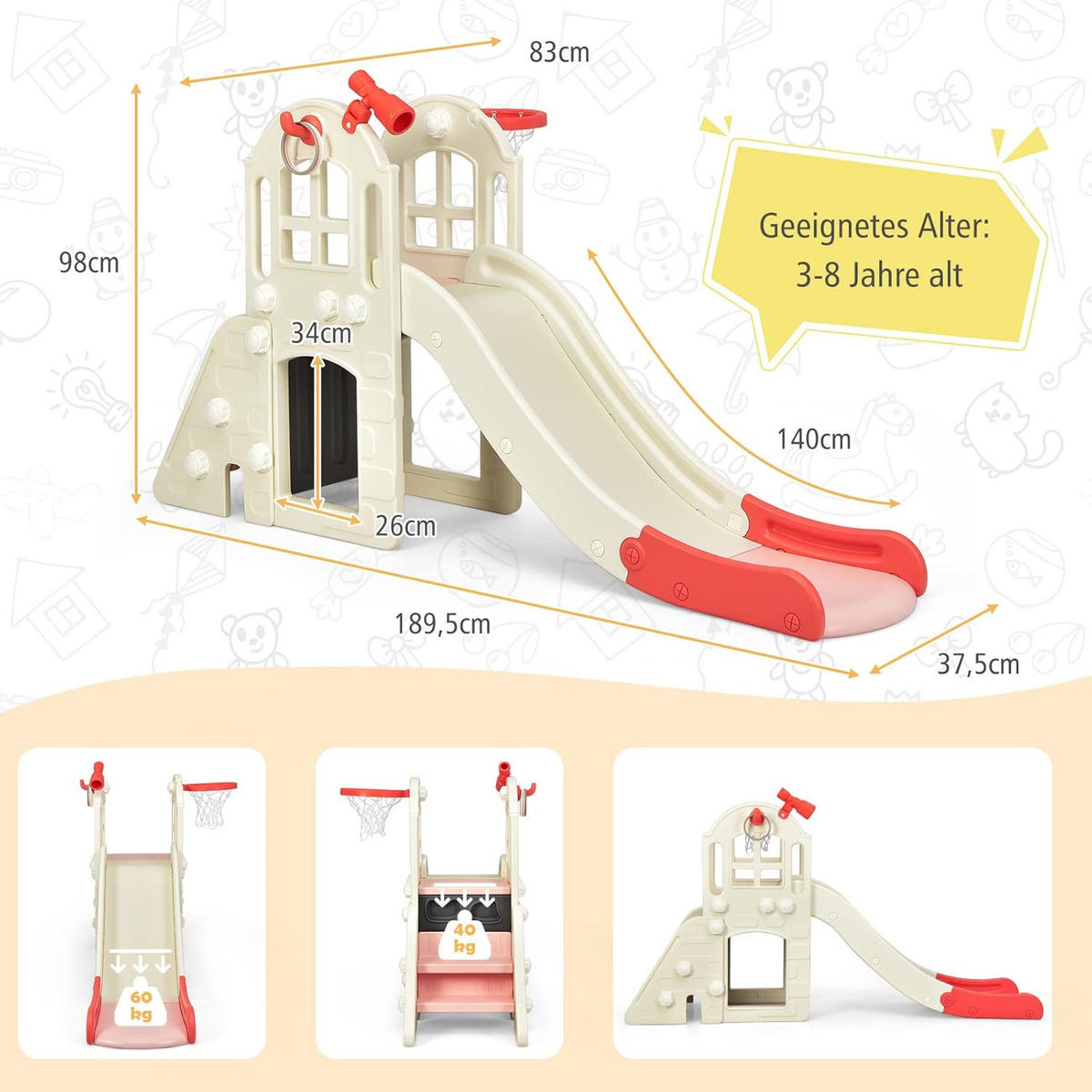 SPIELPLATZ 6 in 1 Kinder Pink - Pink, Kunststoff (83/98/190cm) - COSTWAY