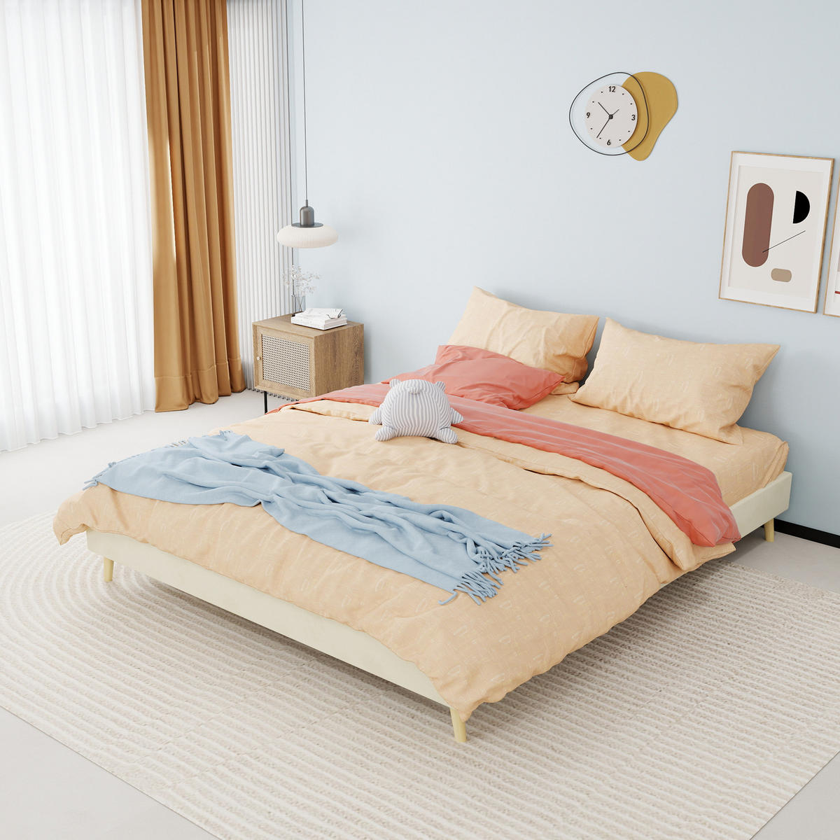 BETT 160/200 cm in Beige Stoff mit niedrigem Rahmen und modernem Design - Beige/Naturfarben, Holzwerkstoff/Textil (160/200cm) - STILVORA