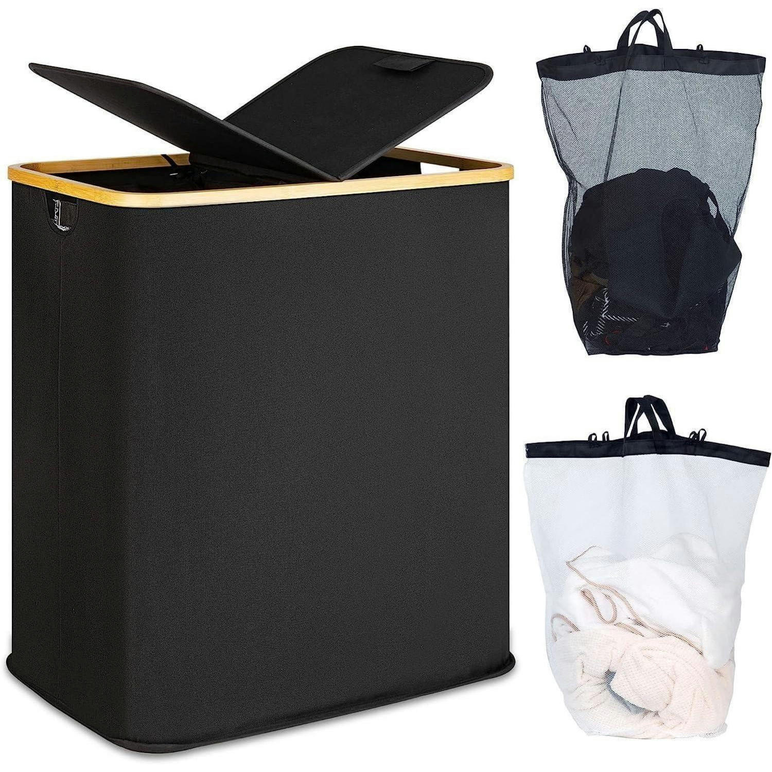 WÄSCHEKORB mit Deckel und 2 Fächern 140 l Schwarz - Schwarz, Naturmaterialien (37/65/57cm)