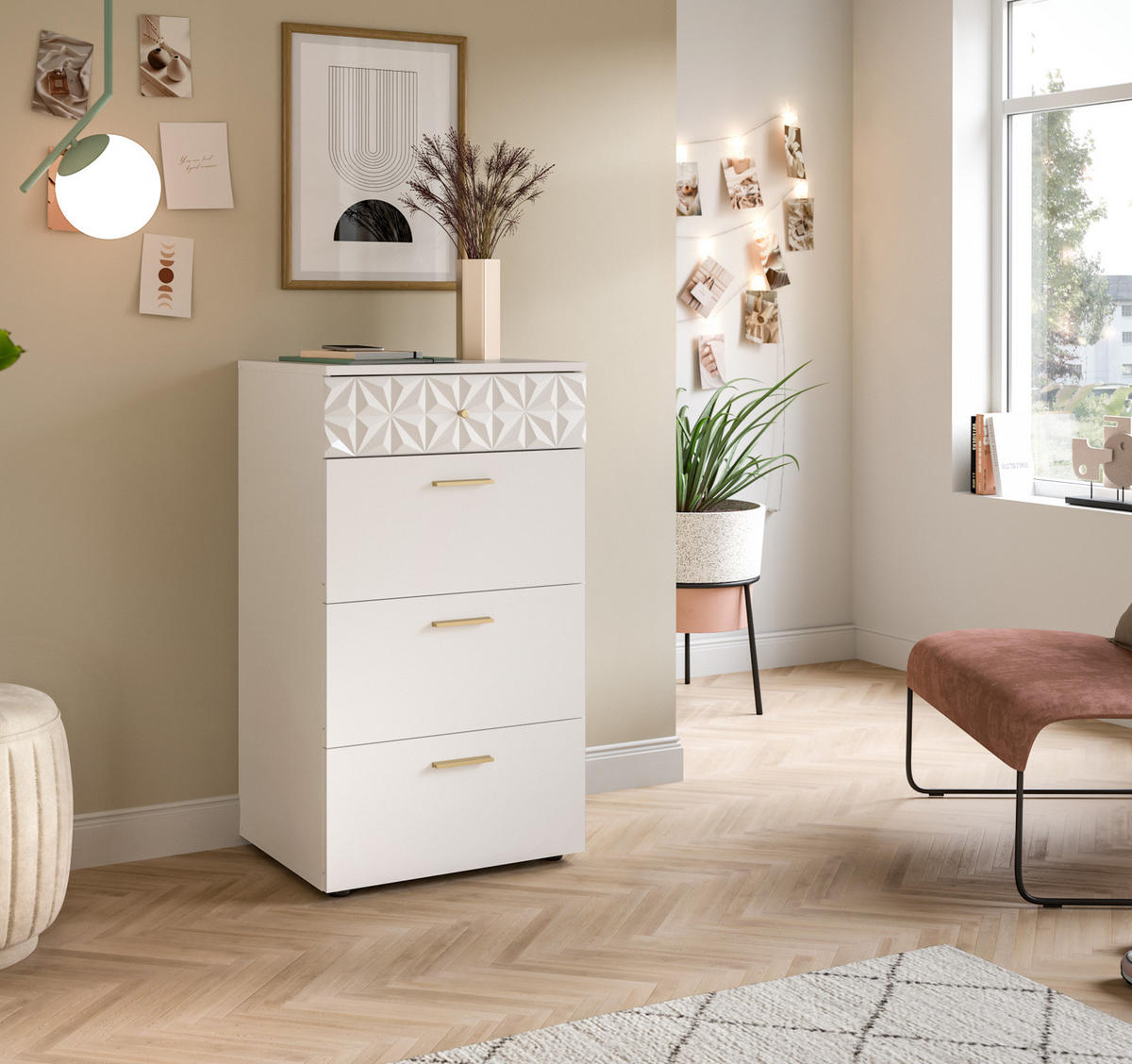 KOMMODE weiß Hochglanz 53 cm, Schubladenkommode mit 3D-Struktur - Weiß Hochglanz/Goldfarben, Holzwerkstoff/Kunststoff (53/92/40cm) - Inn.Furn