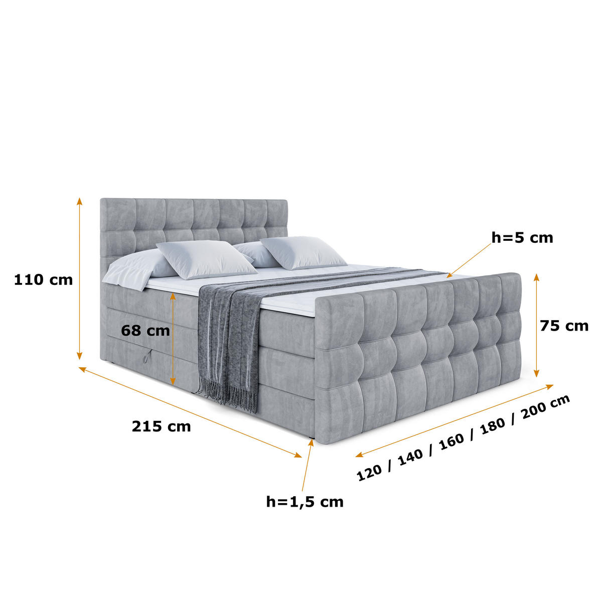 BOXSPRINGBETT BERO-Z KING - 120 x 200 - H3/H4 - Grau - Grau, Holzwerkstoff (120/200cm) - ALTDECOR