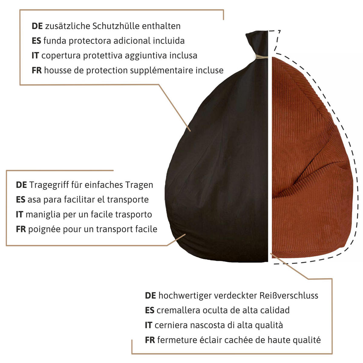 SITZSACK MIT FUßSTÜTZE Kordsamt 2-tlg Indian tan S - Rotbraun/Braun, Textil (70/105cm) - Dreamroots