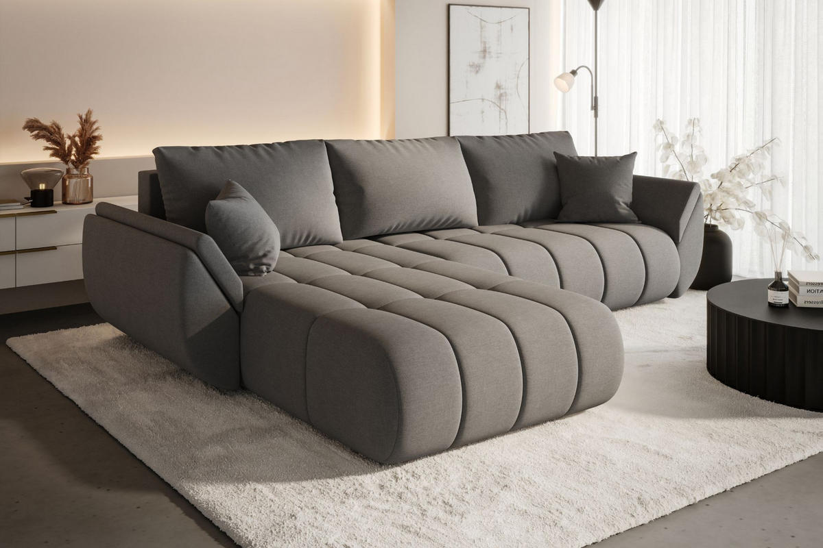 ECKSOFA TOKYO PREMIUM mit Schlaffunktion, Stoff WIND, Stahl, Links - Grau, Holz (280/190cm) - Kaiser Möbel