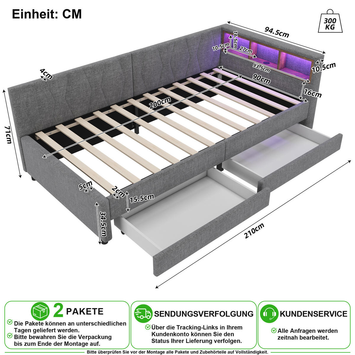 SCHLAFSOFA 90/200 cm in Grau Leinen mit 2 Schubladen, LED, USB und Type-C - Grau, Holzwerkstoff/Textil (90/200cm) - CHICFURN