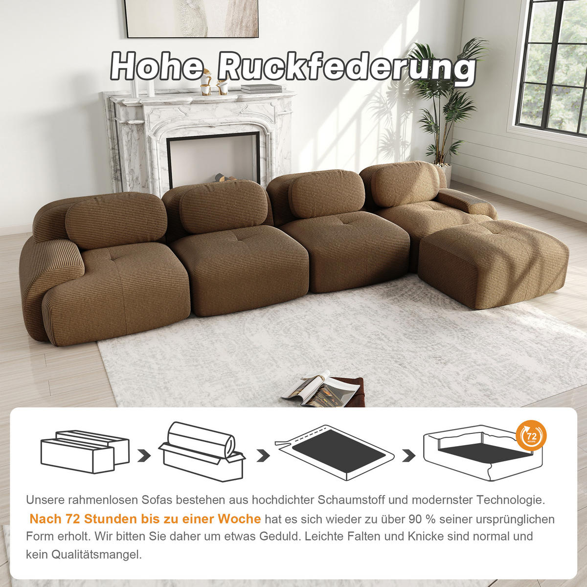 ECKSOFA 388/178/70 cm Braun Cord mit extra-breiten Armlehnen, Rahmenloses - Braun, Textil (388/178cm) - Oxeza