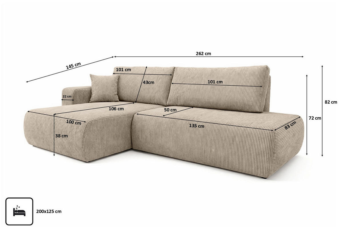 ECKSOFA Mit Schlaffunktion Und Bettkasten, Cordstoff Poso, Dunkelbeige, Links, OPEN XL - Beige, Holz (262/145cm) - Kaiser Möbel