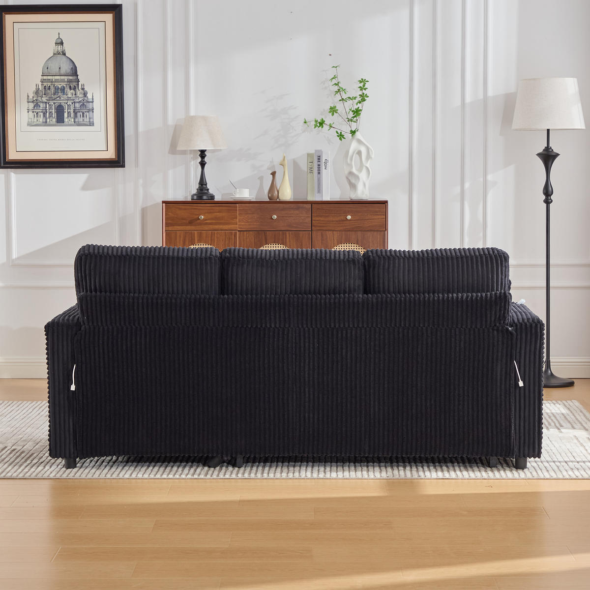SOFA mit Schlaffunktion und Stauraum mit USB-C & LED-Beleuchtung Schwarz 196/82-144/85 cm - Schwarz, Textil (196/85/82cm) - OKWISH