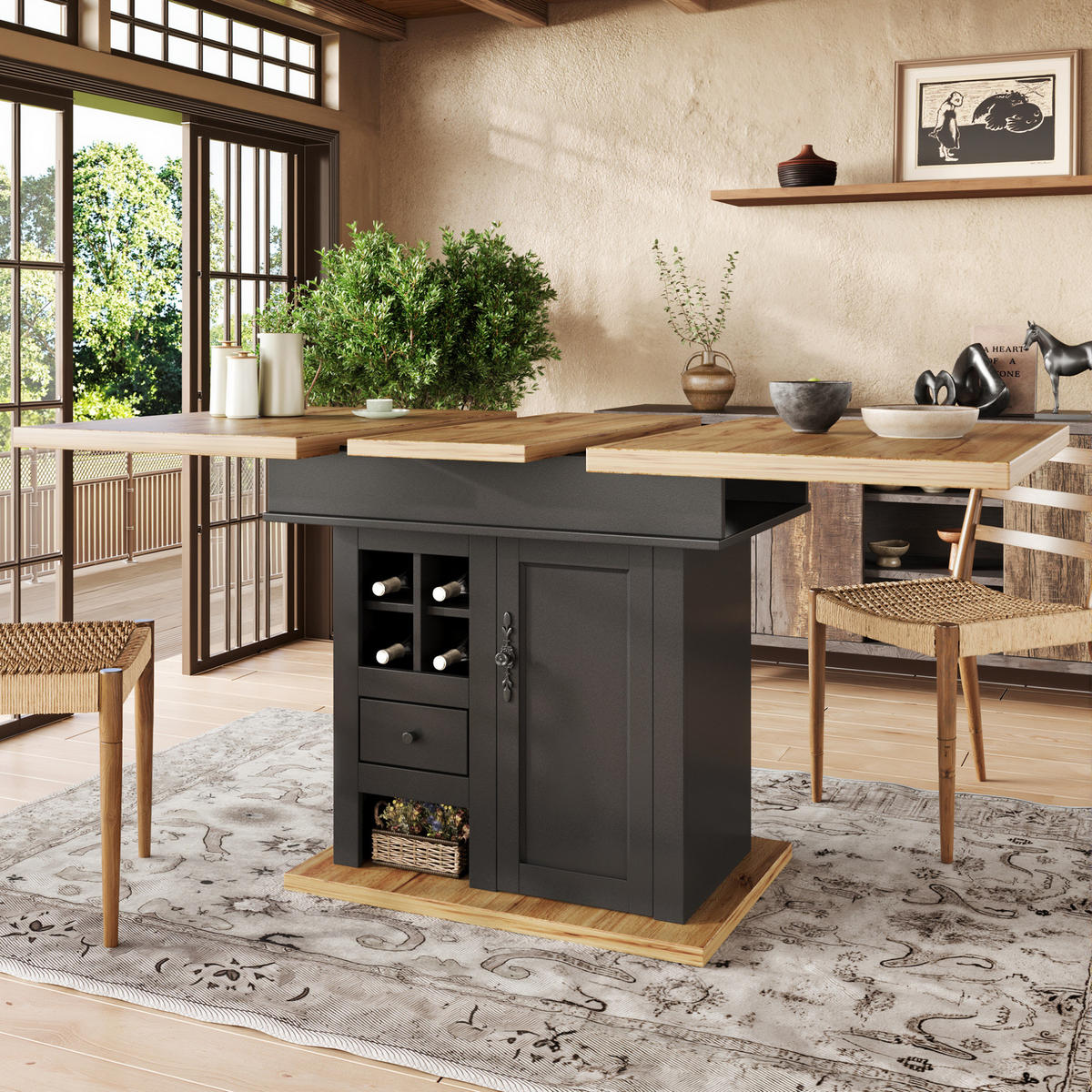 AUSZIEHBARER Esstisch aus MDF mit Stauraum, 110-140/80/75 cm, Schwarz/Natur - Schwarz, Holzwerkstoff (110/80/75cm) - Redom