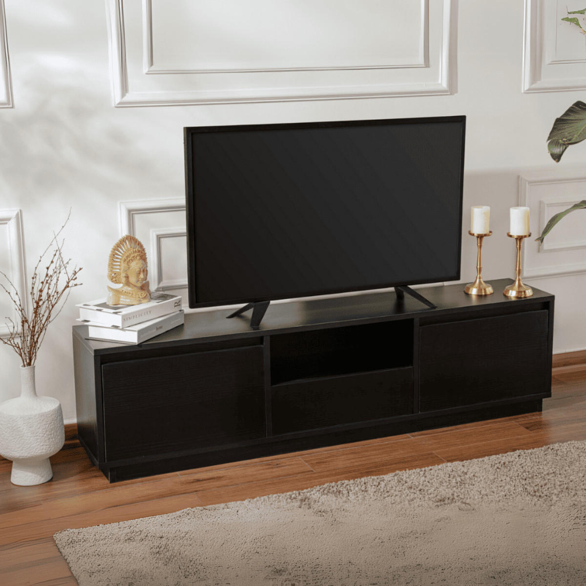 TV-MÖBEL mit 3 klappbaren türen und 1 offenem fach - vanguard 160/29,5/42 cm - Schwarz, Holzwerkstoff (29.5/42/160cm) - Calicosy