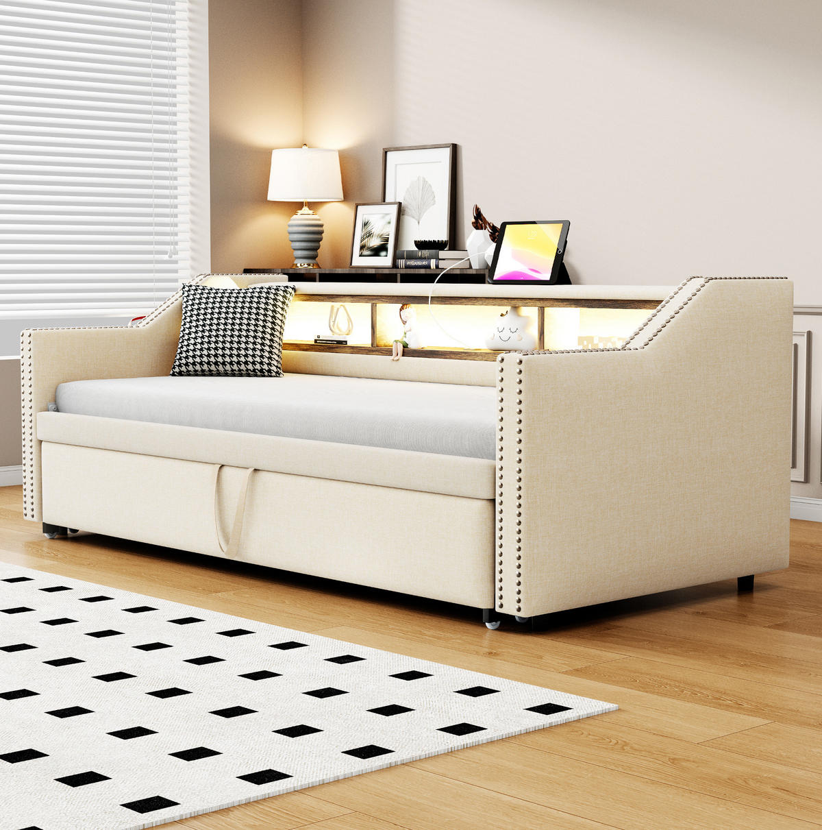 BETT 90/180x190 cm ausziehbar, inkl. Lattenrost und USB, Beige - Beige, Textil (90/190cm) - BEAOK