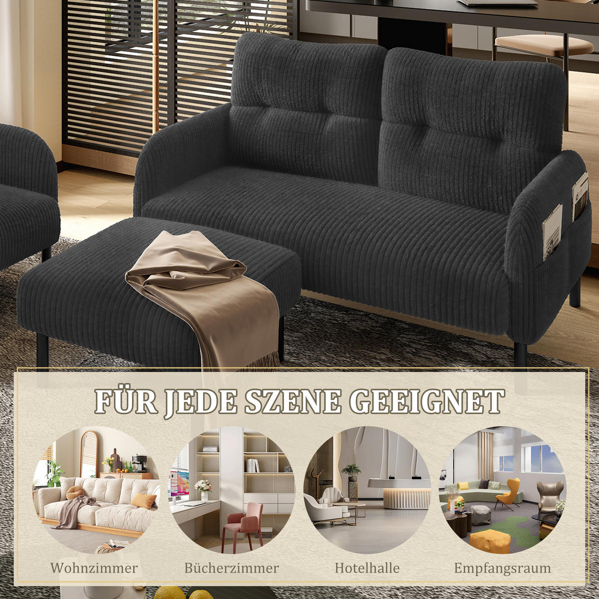 SOFA Set, 2-Sitzer+Sessel+Hocker, Cord, Grau - Schwarz/Grau, Textil/Metall (120/79/75cm) - LVHOM