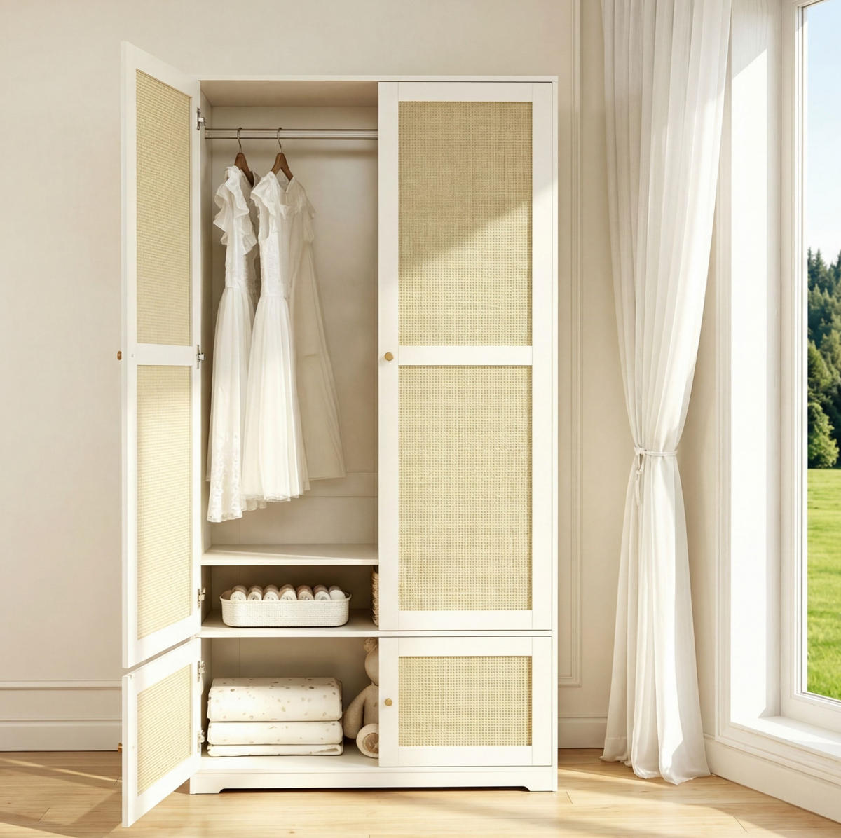 ŠATNÍK 48/90/180 cm biely z MDF s ratanovými dverami tyčou na šaty a policami - biela, kompozitné drevo (90/180/48cm) - OKWISH