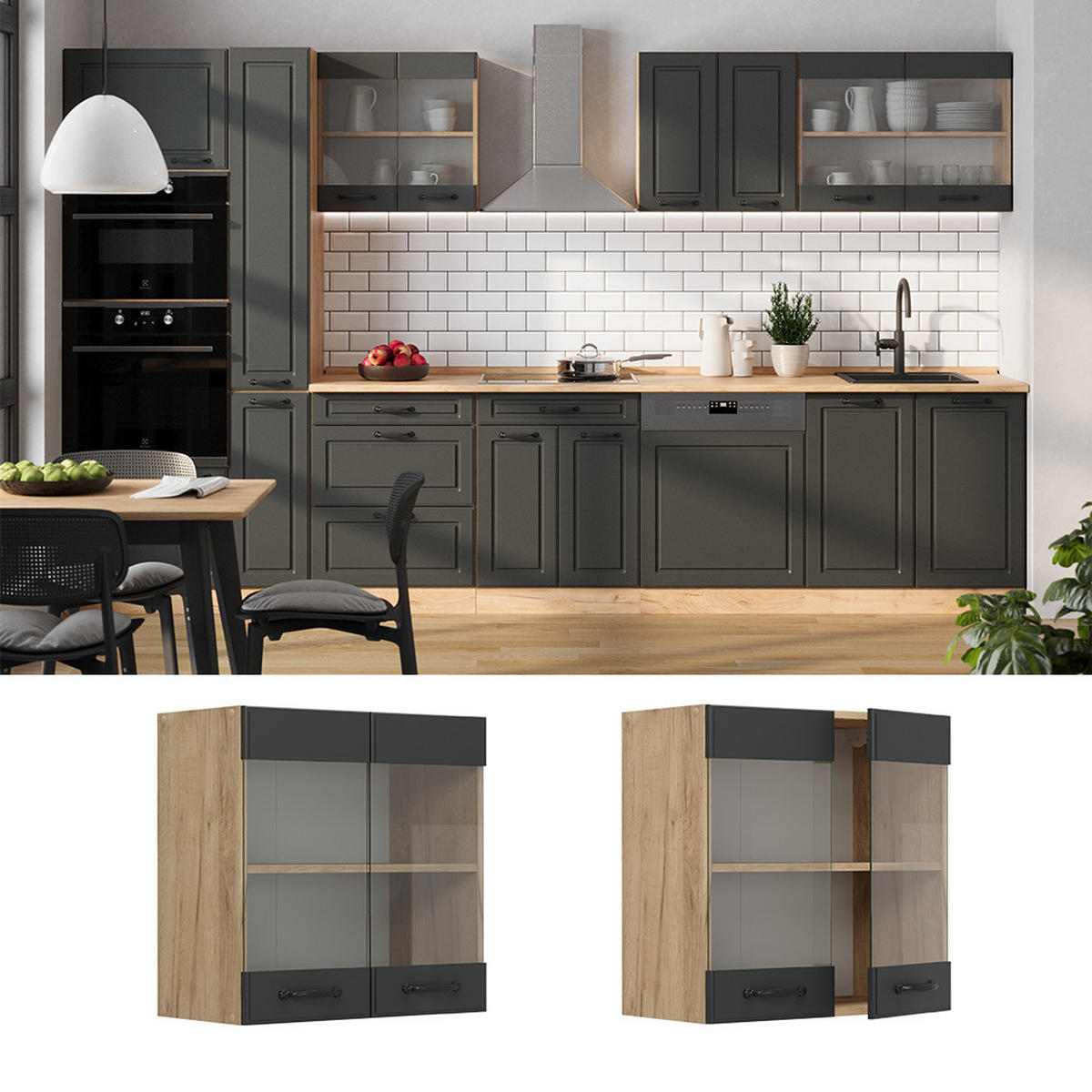 KÜCHENGLASHÄNGESCHRANK R-Line Anthrazit Landhaus 60 cm - Honigeiche/Anthrazit, Holzwerkstoff (60/60/31cm) - Vicco