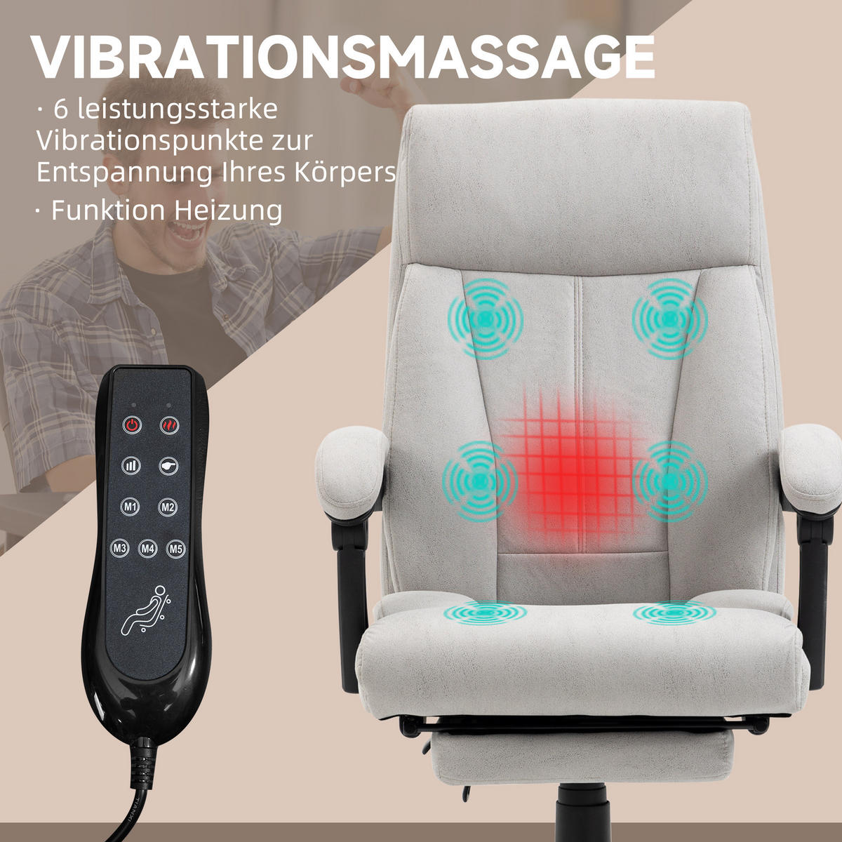 MASSAGE-BÜROSTUHL, 111-119cm Schreibtischstuhl mit Heizfunktion - Hellgrau, Kunststoff (74/119/65cm) - Vinsetto