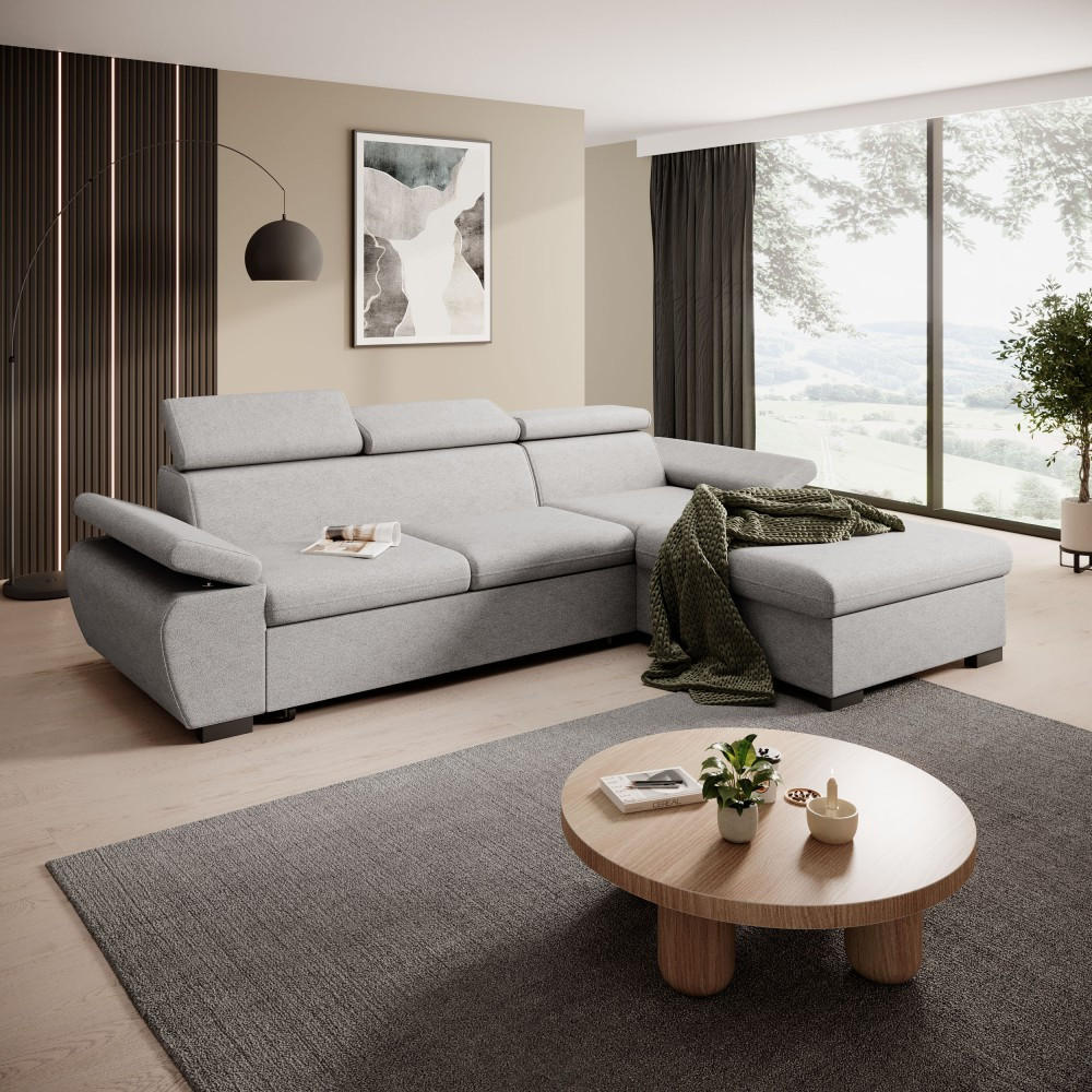ECKSCHLAFSOFA Coco mit verstellbare Kopfstützen, hellgrau, rechts - Hellgrau, Textil (273/191cm) - Beautysofa