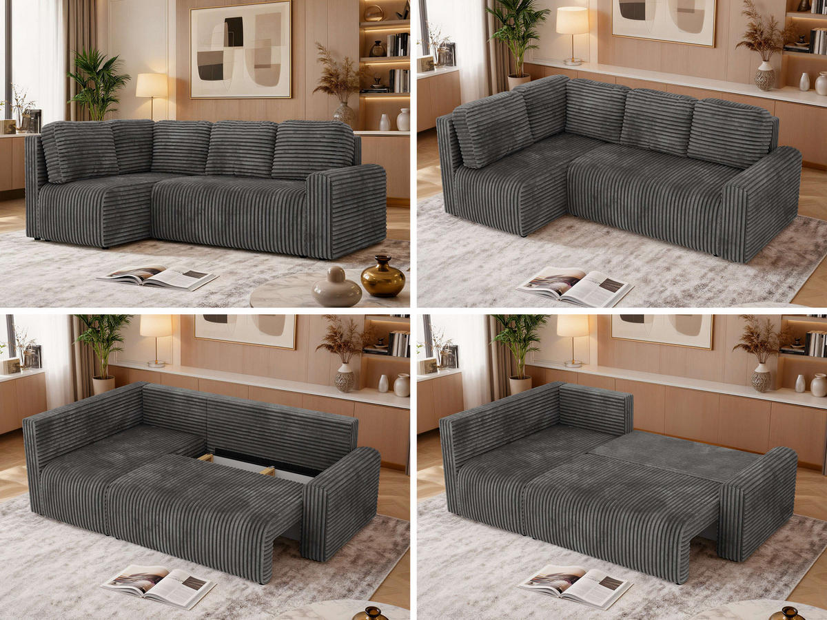ECKSOFA NESSARO COR L - Grau Cord - Links - Schwarz/Grau, Kunststoff/Textil (151/240cm) - MKS