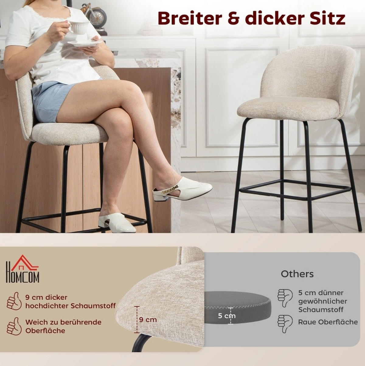 BARHOCKER 2er-Set mit Rückenlehne 48 cm Polyester Beige - Beige, Metall (50/93/55cm) - Meubliv