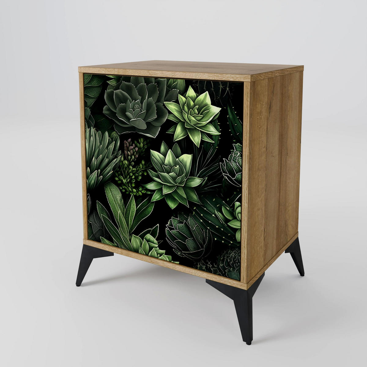 SIDEBOARD SUCCULENT JUNGLE, Eichefarben, 57,5x42x67,5 cm, Schwarze Metall-Rahmenfüße - Eichefarben/Multicolor, Holzwerkstoff/Metall (57.5/67.5/42cm) - SpaceRebels