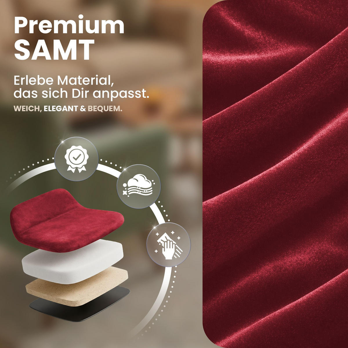 STUHL 4 Samt Rot - Rot/Schwarz, Textil/Metall (45/84/55cm) - CLP