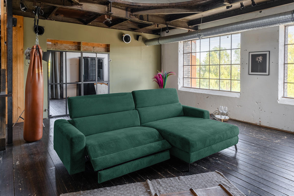 ECKSOFA LAISKA Smaragdgrün Cord Relaxfunktion - Smaragdgrün/Schwarz, Textil/Metall (282/177cm) - KAWOLA